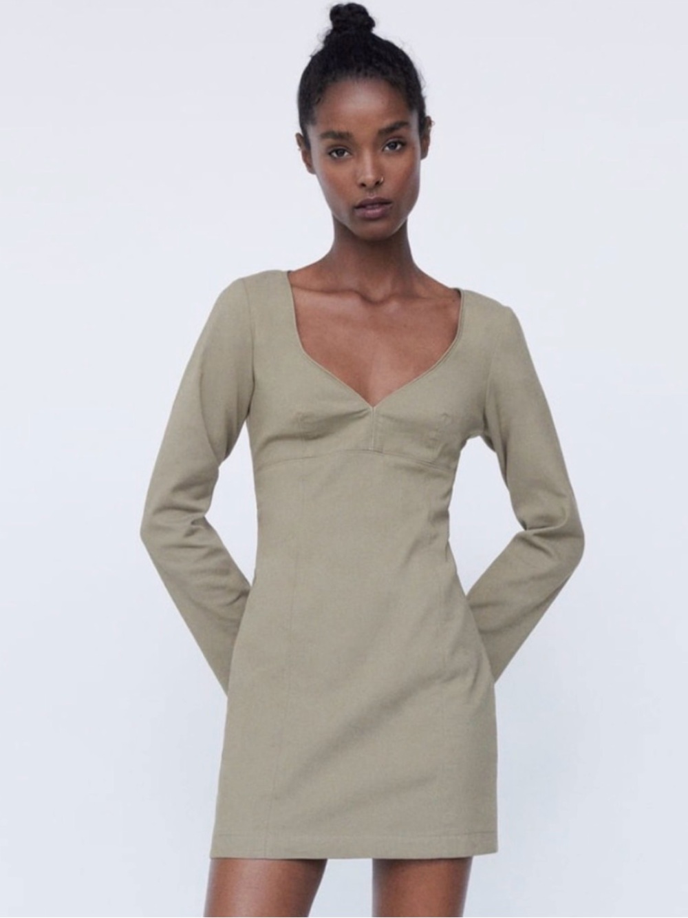 Zara Long-Sleeve V-Neck Mini Dress in Olive NWT Size Medium